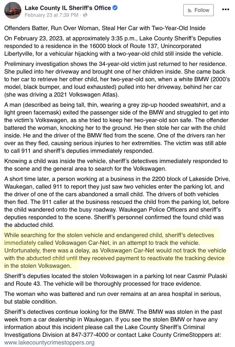 Volkswagen caused a delay in locating an abducted 2-year-old inside a stolen car because the vehicle's GPS subscription had expired. The detective explained the situation, but VW wouldn't budge. This is the innovation that capitalism offers. 'Give us $150 or the kid gets it!'