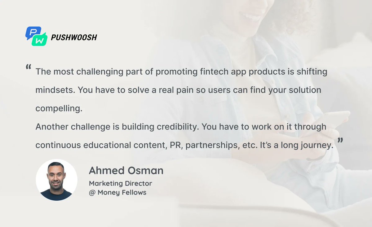 Pushwoosh (@pushwoosh) on Twitter photo Credibility is as important as ever for any financial product💯
by Ahmed from <a href="/Moneyfellows/">Money Fellows</a>
To increase your #fintech product usage and the number of transactions, consider app messaging💬
You'll find some useful recommendations in our recent article >> buff.ly/3Zsio6U Credibility is as important as ever for any financial product💯
by Ahmed from <a href="/Moneyfellows/">Money Fellows</a>
To increase your #fintech product usage and the number of transactions, consider app messaging💬
You'll find some useful recommendations in our recent article >> buff.ly/3Zsio6U