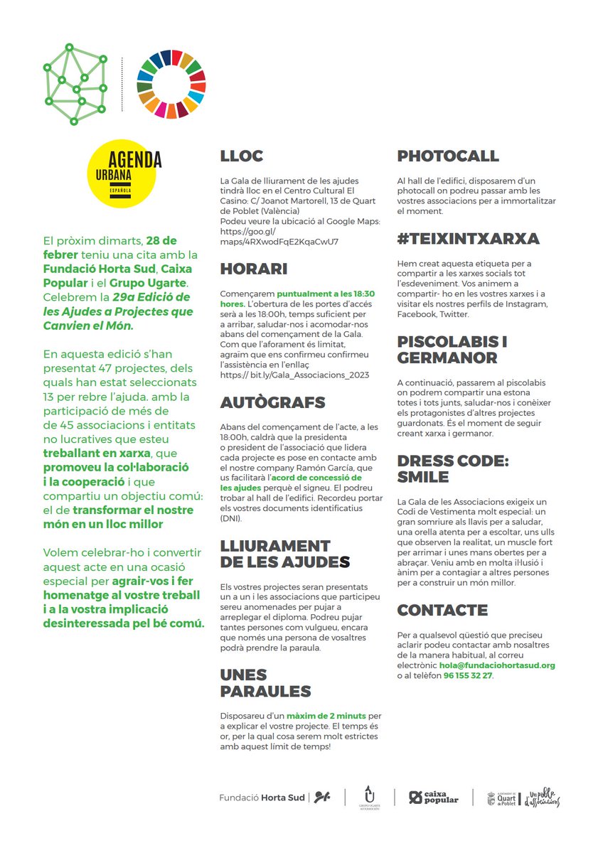 Aquesta vesprada a les 18:30h.
us esperem en la Gala de les Associacions que se celebrarà en El Casino #QuartdePoblet, i que servirà per a fer el lliurament de les ajudes interassociatives "Projectes que camvien el món 2023" de <a href="/fhortasud/">Fundació Horta Sud</a>,  <a href="/caixapopular/">Caixa Popular</a> i Fundació Ugarte.