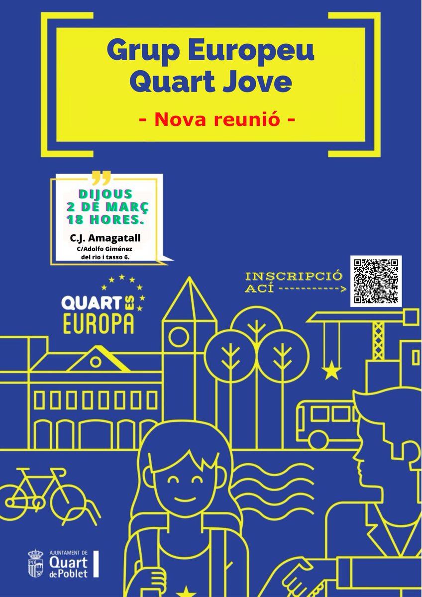 Aquest dijous el grup Europeu Quart Jove es tornarà a reunir a les 18 hores a la Casa de Joventut Amagatall, per a continuar preparant els seus pròxims projectes en el marc dels programes Europeus.

T'esperem el dijous. #QuartdePoblet #Europa #EuropaJove