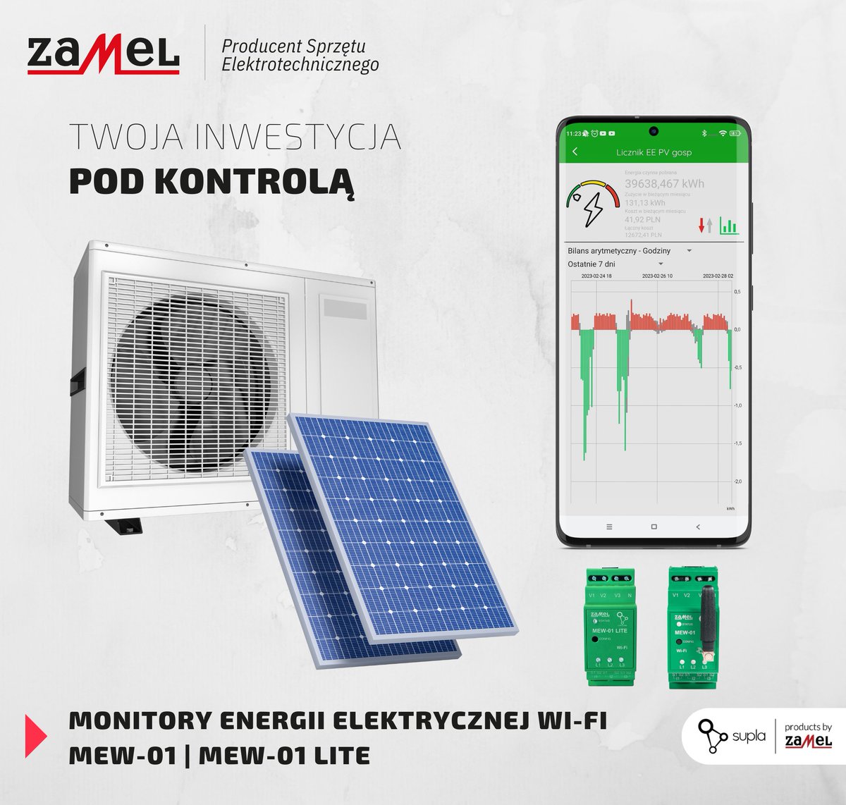 Zamel_PL's tweet photo. Instalacje #pv i #pompaciepła to układy w zasadzie bezobsługowe. Nie można jednak zrezygnować z nadzorowania ich pracy, choćby pod kontem błędów konfiguracyjnych czy badania efektywności. Z #mew01 masz dostęp do swoich odczytów przez #Cloud, a do instalacji wystarczy #WiFi https://t.co/03rdaC9yNI