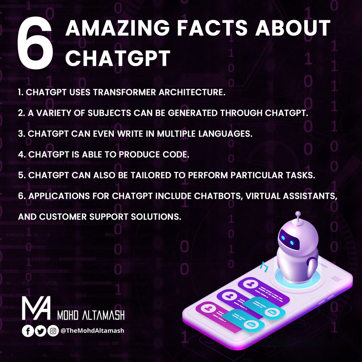 The 6 amazing Facts about ChatGPT

#chatgpt #altamash #technology #ai #openai #chatbots #supportsolutions #RoboticTechnology