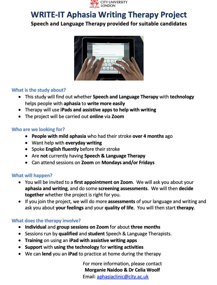 🙋🏽‍♀️🙋🏽New therapy research looking for volunteers with #aphasia: 

Project: WRITE-IT

🖥️Online writing therapy. Open to anyone in the UK🇬🇧

📽️ More information: mediaspace.city.ac.uk/media/WRITE-IT…

Please share!