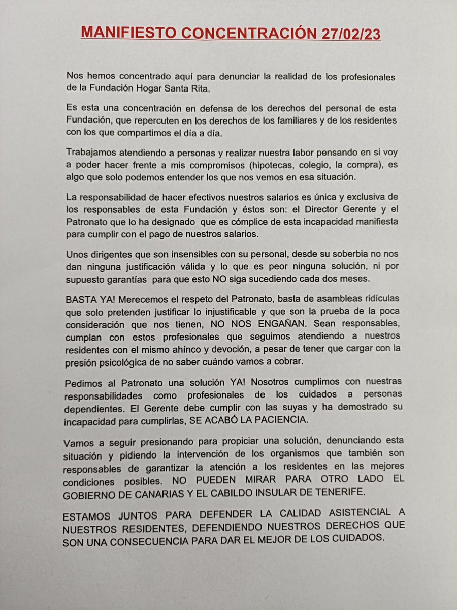 Nos han hecho llegar el MANIFIESTO REIVINDICATIVO leído ayer ante el Hogar Santa Rita, por el Comité de empresa.

<a href="/PlataformaRioja/">PTFUSS RIOJA</a> 
<a href="/La_Plataforma_1/">LA PLATAFORMA ESTATAL DE FAMILIARES DE RESIDENCIAS</a> 
<a href="/DavidCuestaTV/">David Cuesta</a>  
<a href="/ManuelArtilesTV/">Manuel Artiles TV</a> 
<a href="/tvcanaria/">tvcanaria</a> 
<a href="/oscarmartinTF/">Oscar Martín</a> 
<a href="/Luisadelrosario/">Luisa del Rosario</a> 
<a href="/IASS_Tenerife/">IASS Tenerife</a> 
<a href="/manuelrico/">Manuel Rico</a> 
<a href="/ReCoVa14/">ReCoVa</a>