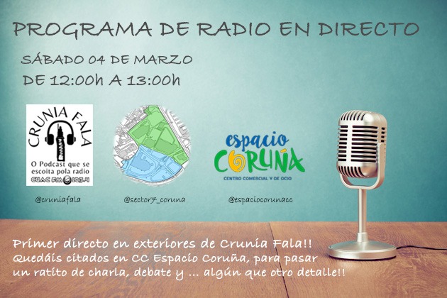 🗓 Sábado 04/03 #SanCasimiro
📻 Directo de <a href="/cruniafala/">Crunia Fala</a>
📡 Charla sobre barrios: impresiones, ideas, movilidad, mantenimto, limpieza, seguridad...
🎁 Con más de alguna sorpresa 😏 y por supuesto 🍩🍭
📣 Nos vemos este sábado! 12-13h
📍 <a href="/espaciocorunacc/">Espacio Coruña</a> 
#coruña #someso
<a href="/3stebanvd/">Esteban Velasco</a>
