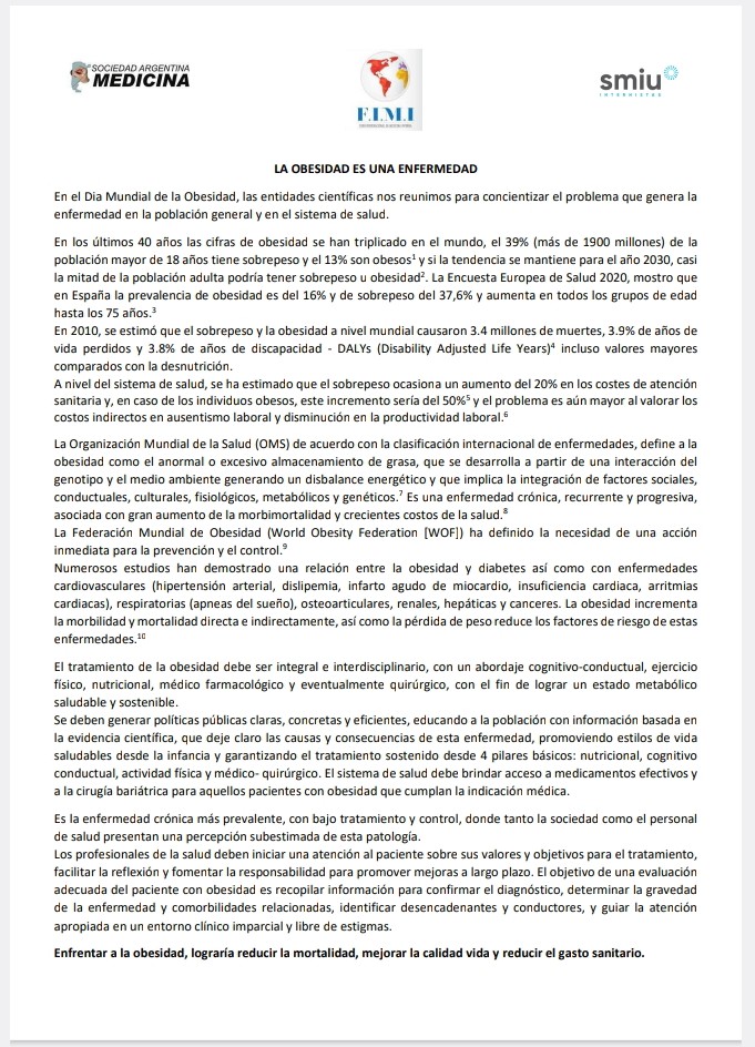 FORO FIMI (@forofimi) on Twitter photo 4 de Marzo: En el Dia Mundial de la Obesidad, las entidades científicas, Sociedad Argentina de Medicina (SAM), Sociedad Medicina Interna de Uruguay (SMIU) y el Foro Internacional de Medicina Interna (FIMI) nos reunimos para concientizar el problema.<a href="/internistasuy/">SMIU | Internistas</a>
<a href="/ForodeMedicina/">Foro de Medicina</a> 4 de Marzo: En el Dia Mundial de la Obesidad, las entidades científicas, Sociedad Argentina de Medicina (SAM), Sociedad Medicina Interna de Uruguay (SMIU) y el Foro Internacional de Medicina Interna (FIMI) nos reunimos para concientizar el problema.<a href="/internistasuy/">SMIU | Internistas</a>
<a href="/ForodeMedicina/">Foro de Medicina</a>