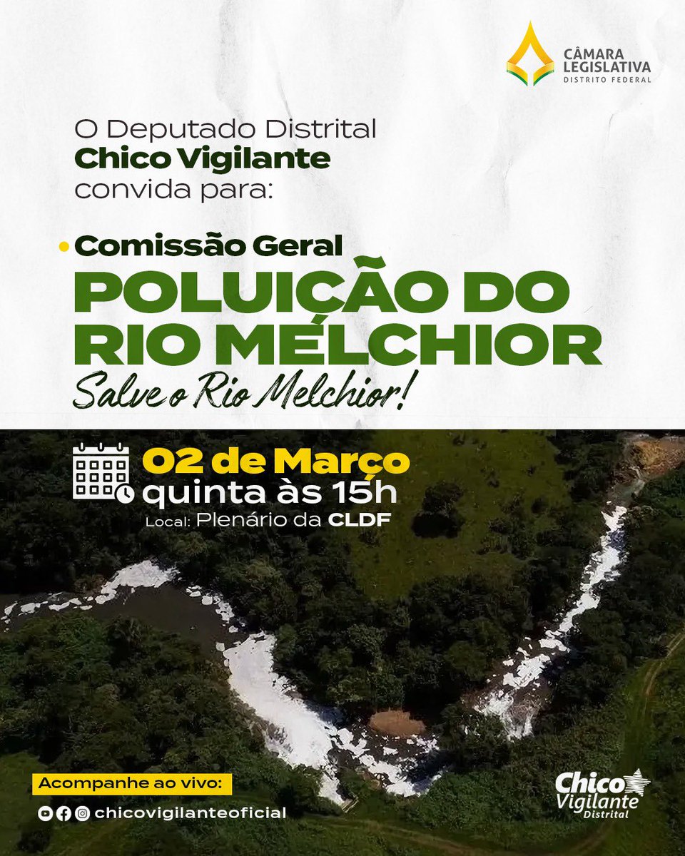 valeritabaian's tweet image. ATENÇÃO 

Por iniciativa do deputado Chico Vigilante (PT) a Câmara Legislativa do DF realiza, na quinta-feira (2/3), uma comissão geral para discutir a poluição do Rio Melchior, que faz, no DF, a divisão geográfica entre as cidades de #Ceilândia e #Samambaia.  @Chico_vigilante