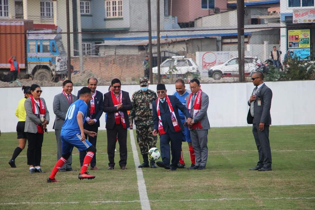 PM Pushpa Kamal Dahal playing football during the inauguration of Chyasal Stadium in Lalitpur. 

Pic. NPL