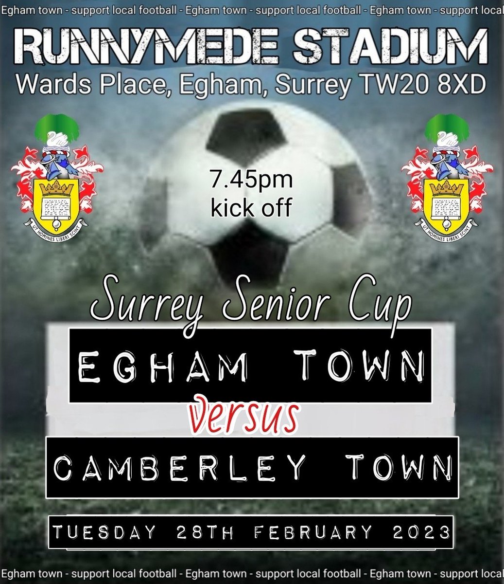 EghamTown's tweet photo. Egham v @CamberleyTownFC 
TONIGHT
7.45pm kick off 
#SARNIEARMY #SARNIES https://t.co/PioKxEiA0m