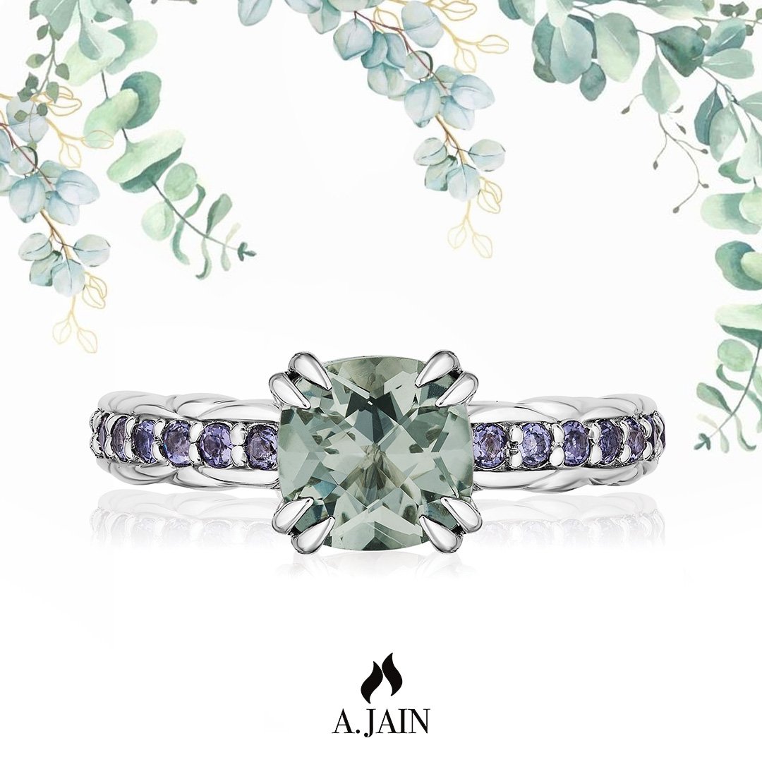 A.Jain's tribute to the city with a magnificent Prasiolite and an Iolite ring. This dazzling beauty from our Urban Chic collection brings forth a charm that is timeless and archival. #prasolite #gemsworld #lolite #gemstonering #ringcollection #newyorkstyle #urbanchic #chicjewelry