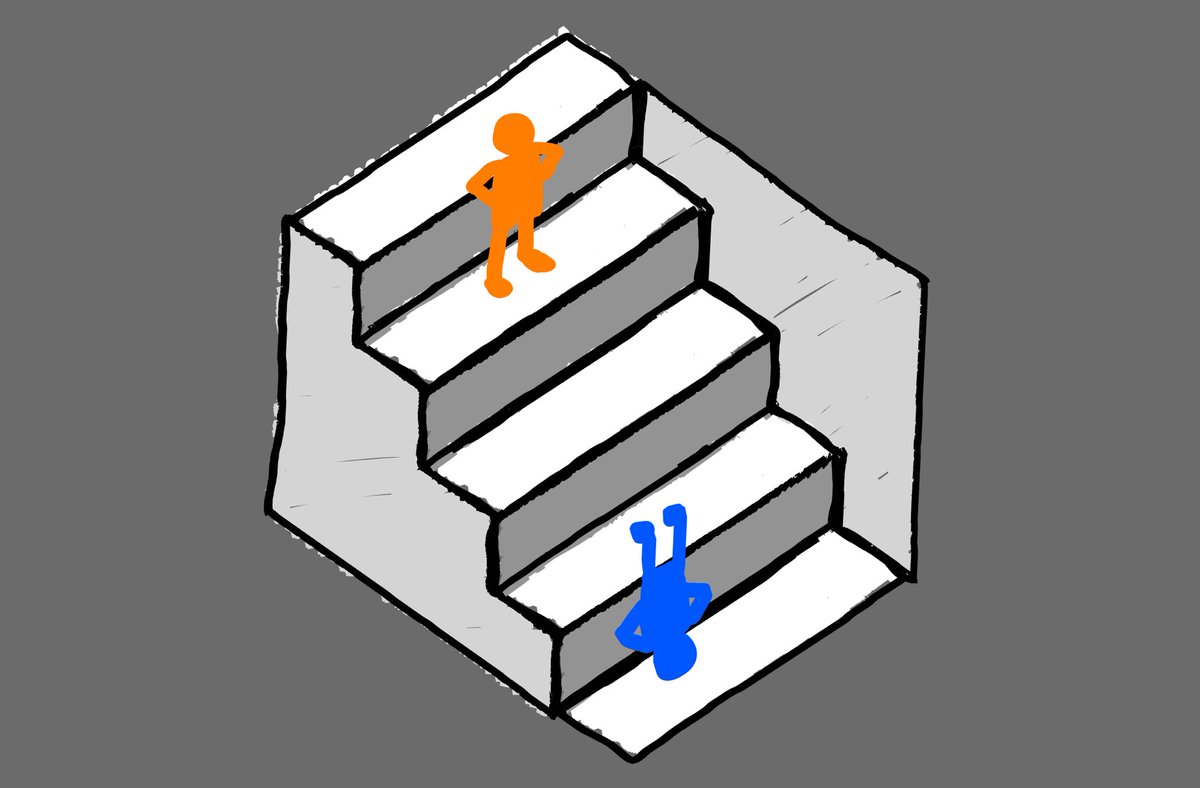 kwan3d's tweet photo. Featherary Day 28 Finale - Who's really standing on the stairs?🔵🟠 If this was in 2D, it depends on how we perceive it. But in 3D, there's only one truth.💙 3D drawing in @feather_3d.

#f3d #feather3d #3dsketchbook https://t.co/1tzeX4fNLC