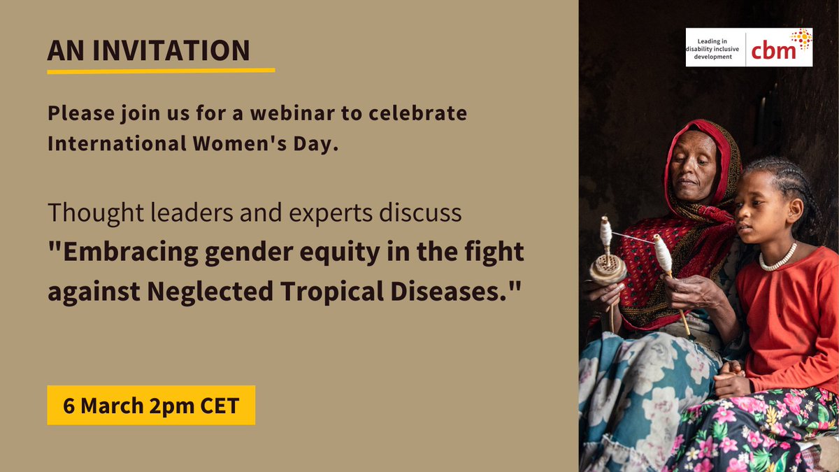 dsw_intl's tweet photo. Next week we’ll join @cbmIEH’s webinar to talk about how we can #EmbraceEquity in the fight against neglected tropical diseases, sharing findings & recommendations from our #PRNDs Through a Gender Lens study. More 👉 https://t.co/QOMwhN7pLK
Register! 👉 https://t.co/sOhYizMZdd https://t.co/bxby3FGZ8a