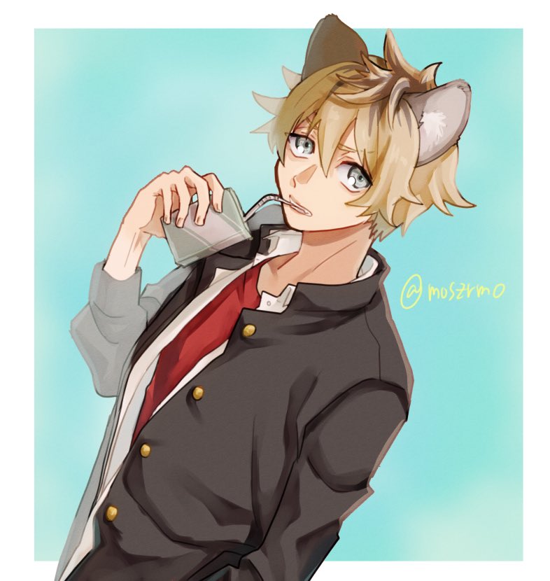 1boy animal ears male focus solo drinking straw school uniform blonde hair  illustration images