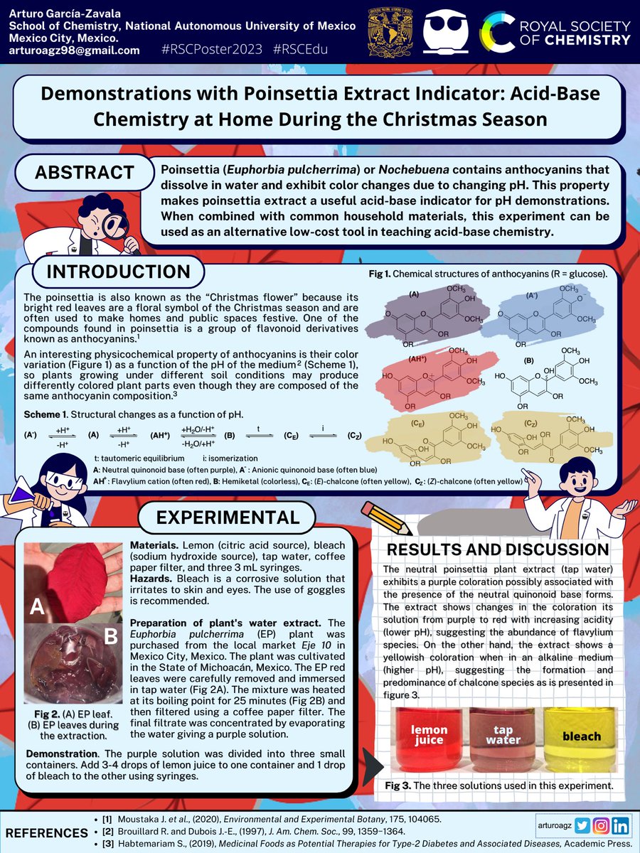 Hello everyone!👨‍🔬 I’m very excited to share my first #RSCPoster “Demonstrations with Poinsettia Extract Indicator: Acid-Base Chemistry at Home During the Christmas Season” 🎄🧪 @RoySocChem #RSCEdu #ChemicalEducation #RSCPoster2023