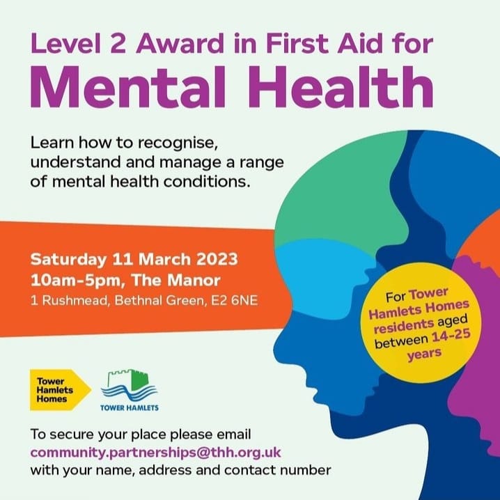 Level 2 Award in First Aid for Mental Health two sessions, book your spot now don't miss out!
@THHCommunity @THHomes @TowerHamletsNow @LBTHCareers @Better_LBTH @THGPCareGroup @EthnicMinority_ @THH_ASBTEAM
@tower