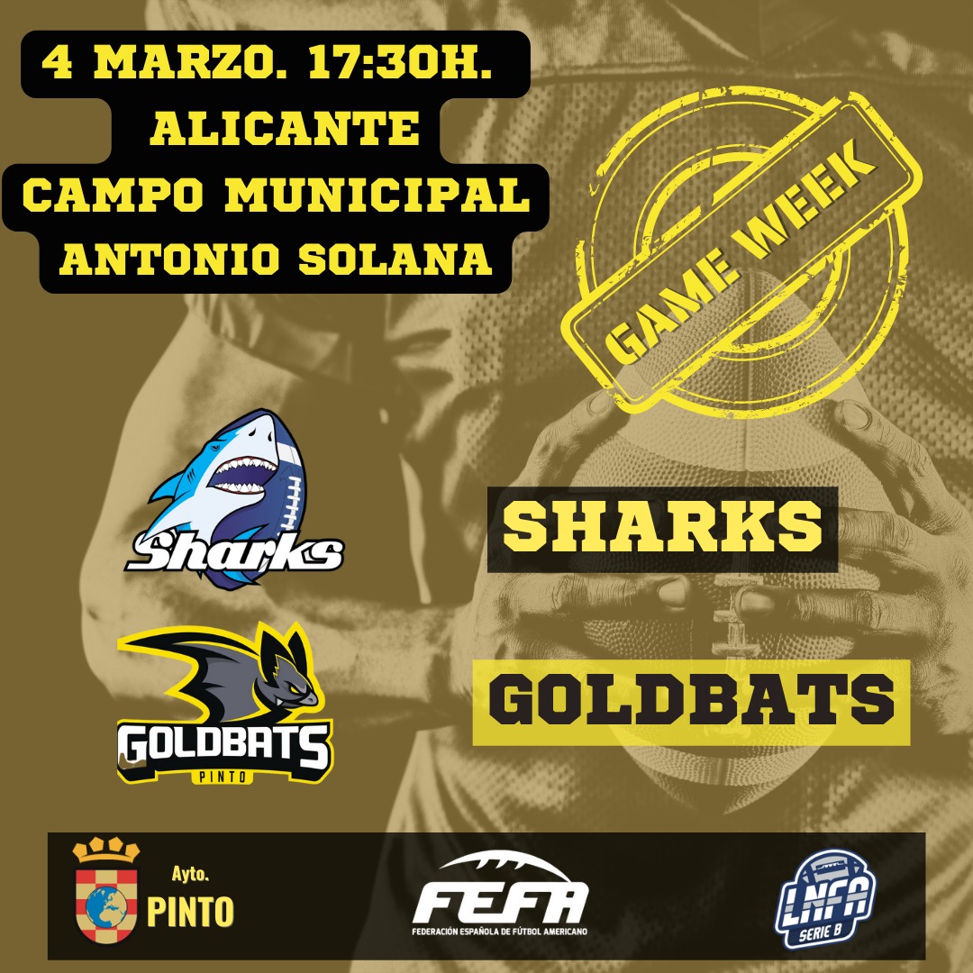 🦇 ❗ GAME WEEK ❗🦇
El próximo sábado 4 de marzo nos enfrentamos contra Alicante Sharks en su territorio, el campo municipal Antonio Solana. A las 17:30h comenzará el encuentro en el que lucharemos por sumar una victoria más a nuestro marcador.