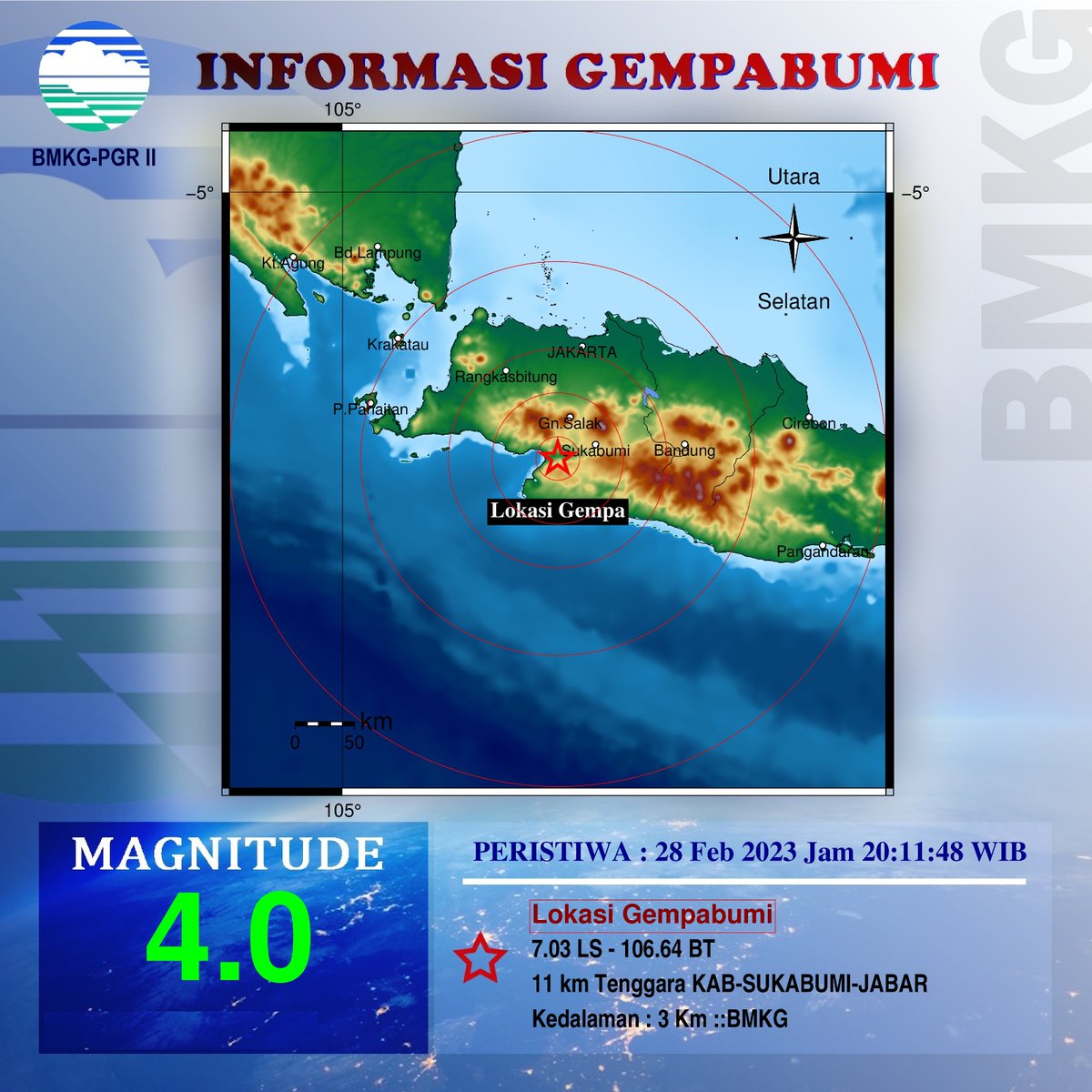 BMKGBandung's tweet photo. Info Gempa Mag:4.0, 28-Feb-23 20:11:48 WIB, Lok:7.03 LS - 106.64 BT (11 km Tenggara KAB-SUKABUMI-JABAR), Kedlmn: 3 Km ::BMKG https://t.co/oziI78Gyre