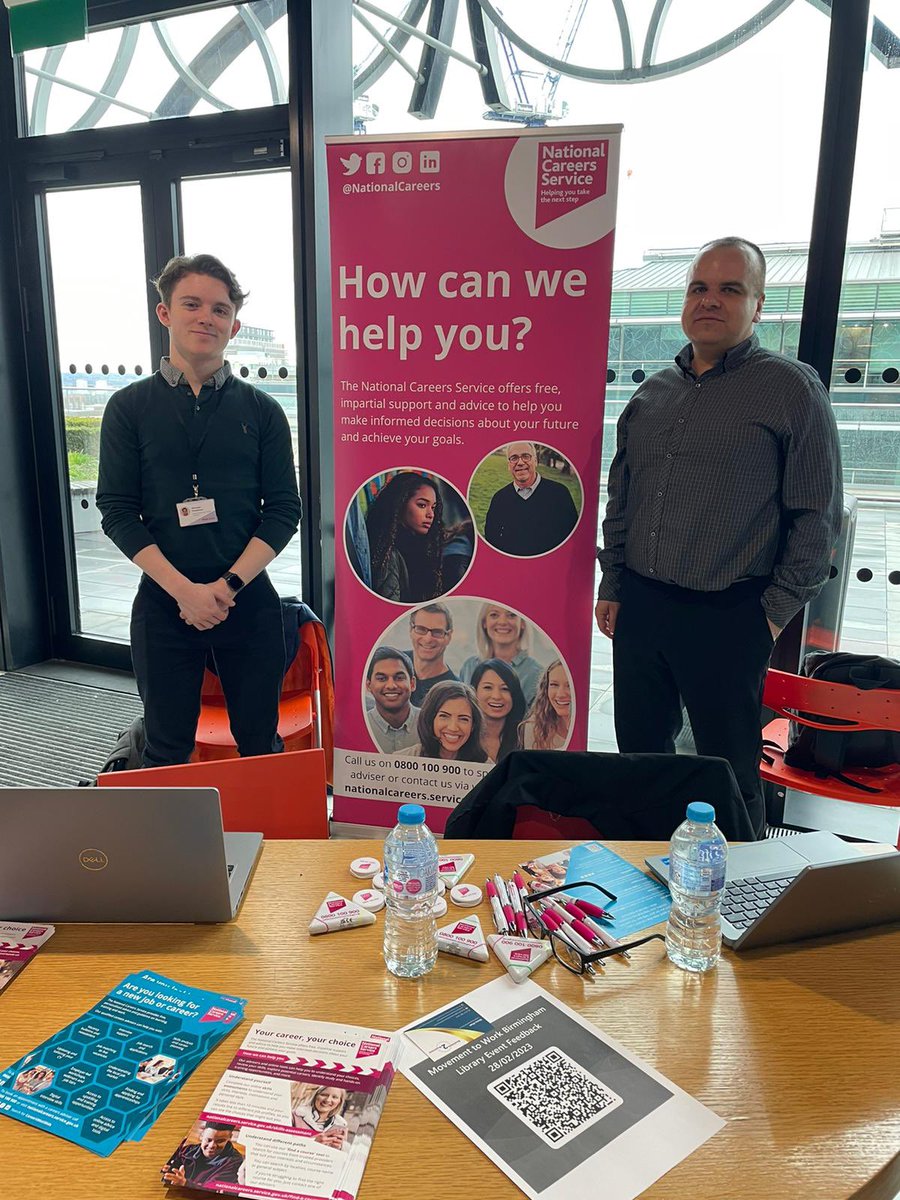 JCPinWestMids's tweet photo. Alex and Dean from @NationalCareers are here until 3pm at @LibraryofBham to chat about all the services they offer including interview support, updating your cv, job matching and much more.
#MovementToWork
@MovementToWork https://t.co/x3gWpUNqHL