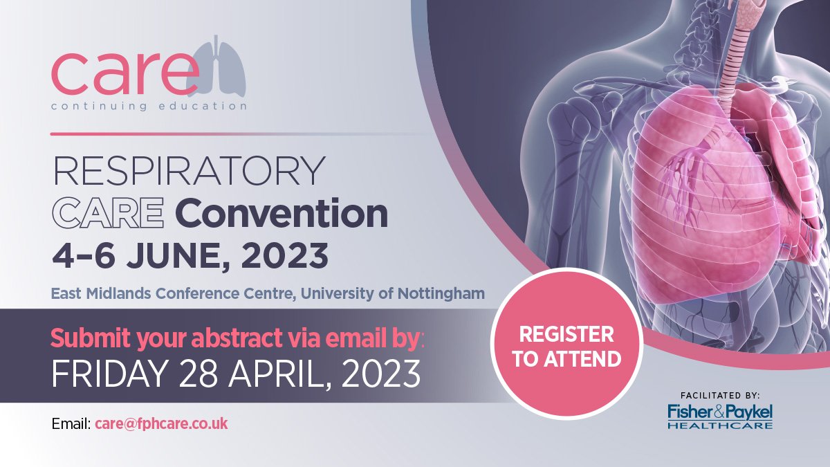 Abstract submissions for Respiratory CARE Convention 2023 are now open!  

Don’t miss the opportunity to present your research, with a £1000 poster prize available towards education.

For more information, email: care@fphcare.co.uk 

Registration: eventbrite.co.uk/e/care-convent…