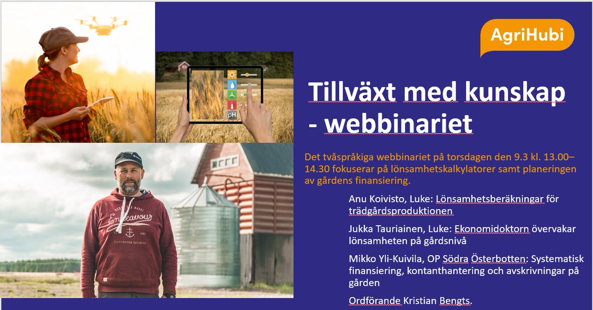 Välkommen till tvåspråkiga AgriHubi webinarier som är  kostnadsfria och öppna för alla! 
Tervetuloa AgriHubin kaksikielisiin kaikille avoimiin ja maksuttomiin webinaareihin!
maaseutuverkosto.fi/sv/evenemang/t…