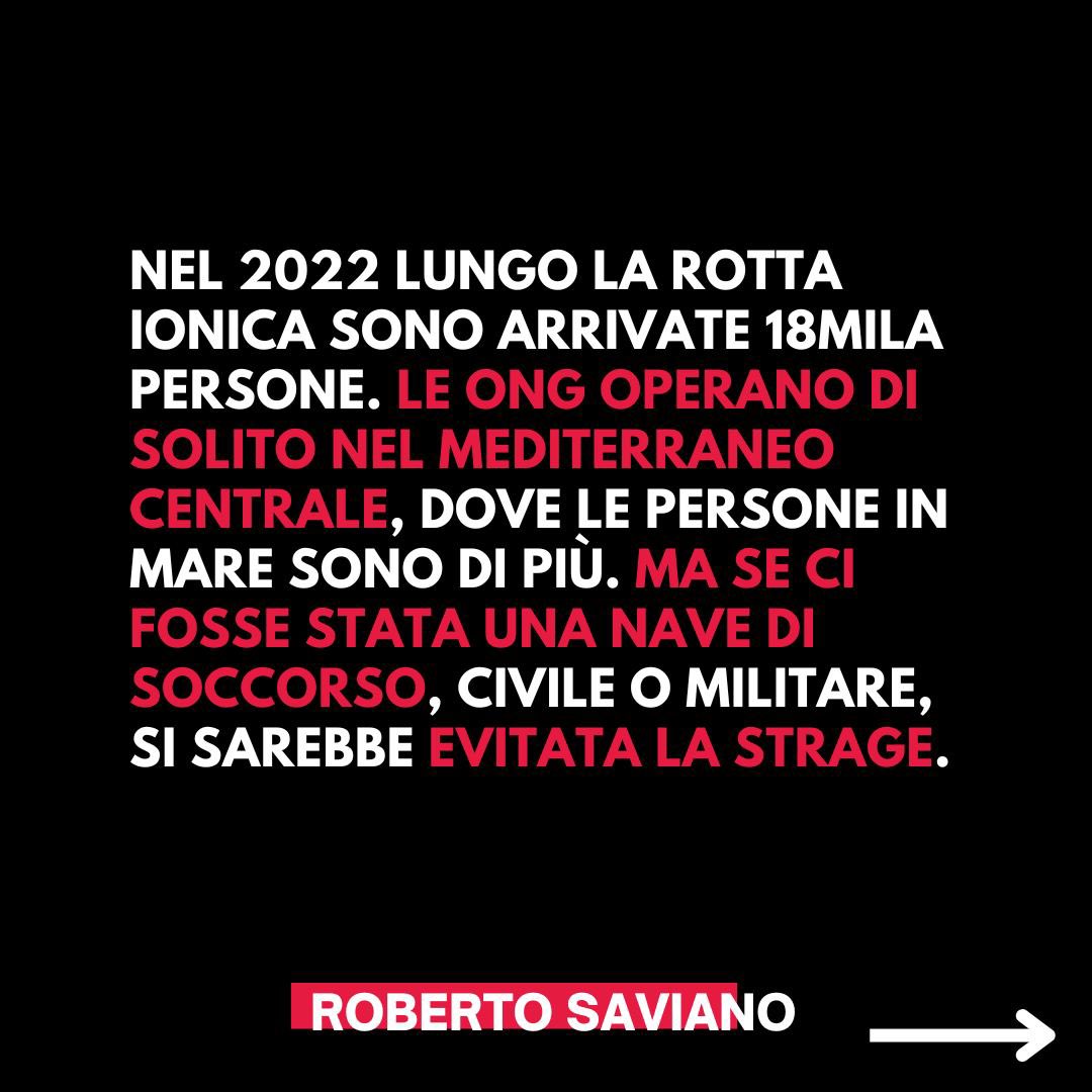 robertosaviano's tweet photo. Dal governo menzogne sulla strage di #Crotone, una strage evitabile. Questo governo non ha alcun rispetto per la vita umana, la sacrifica sull’altare della propaganda. https://t.co/f0GYlq2p5a