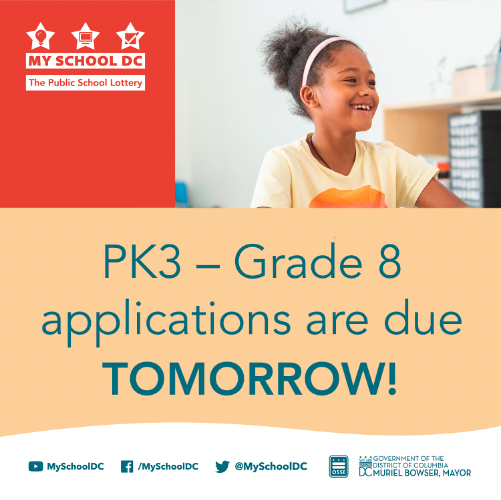 My School DC (@myschooldc) on Twitter photo The deadline for SY2023-24 PK3 – Grade 8 school applications is TOMORROW! You have until 11:59 p.m. on March 1 to submit your application at: 
buff.ly/2QnlA0r The deadline for SY2023-24 PK3 – Grade 8 school applications is TOMORROW! You have until 11:59 p.m. on March 1 to submit your application at: 
buff.ly/2QnlA0r