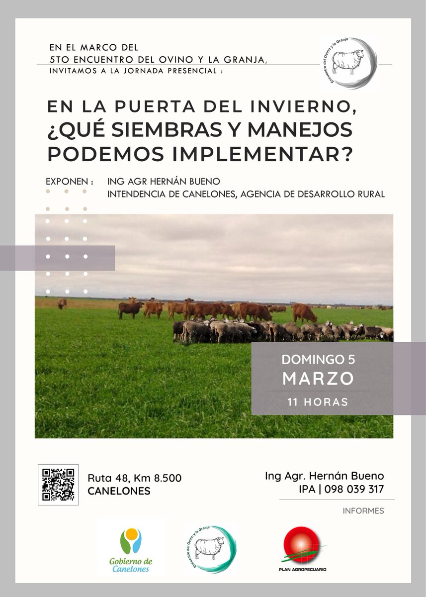 En el marco del 5to <a href="/del_ovino/">Encuentro del Ovino y la Granja</a>, los invitamos este fin de semana a participar de dos actividades bien interesantes con <a href="/PlanAgro/">Plan Agropecuario</a>.
Adjunto información, ¡los esperamos! 🌱✍️🚜