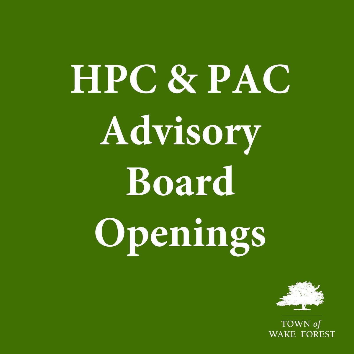 LAST DAY to apply for Historic Preservation Commission & Public Art Commission! 

The online advisory board application is available at bit.ly/TOWFAdvBoardAp…. 

#TownofWakeForest #WakeForestNC #AdvisoryBoards #HistoricPreservationCommission #PublicArtCommission