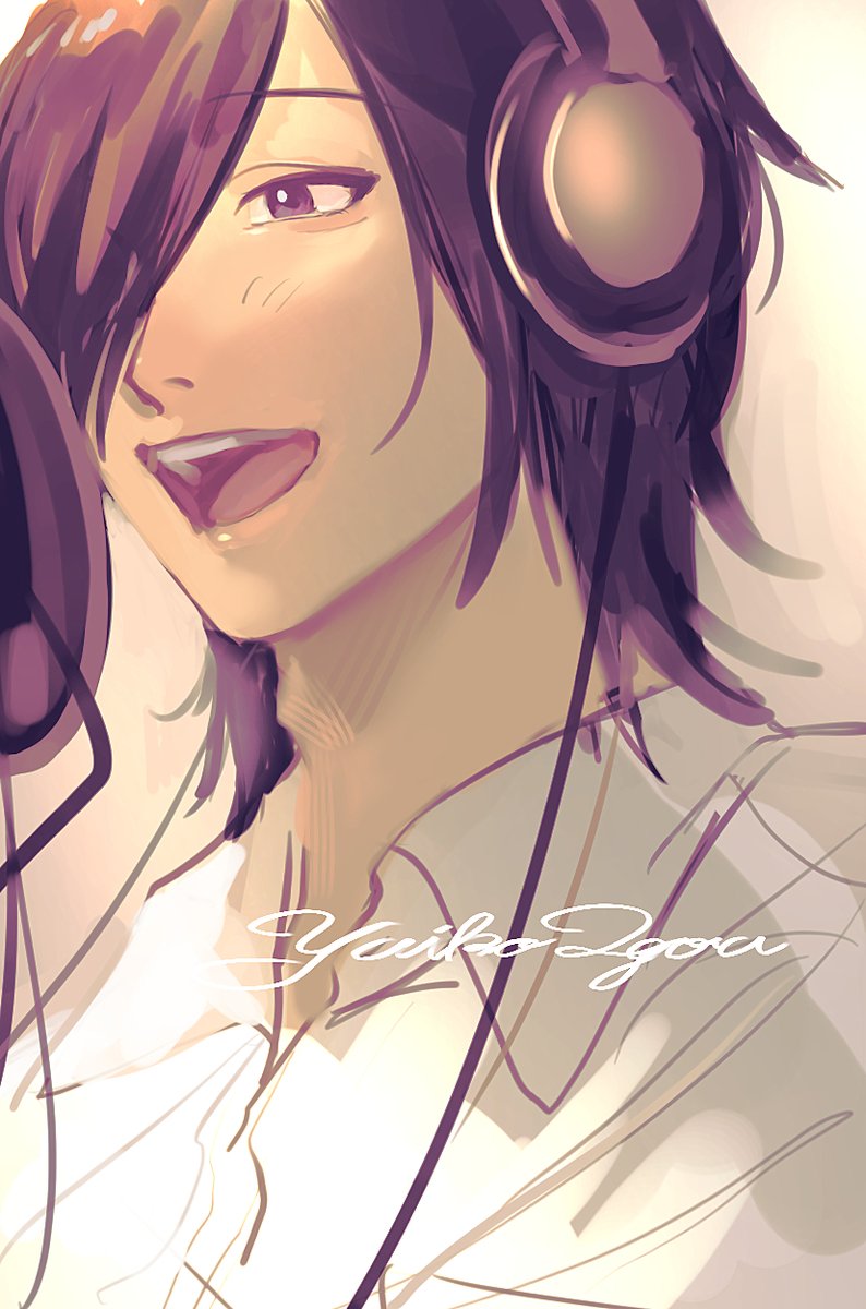 solo headphones 1boy hair over one eye open mouth male focus smile  illustration images