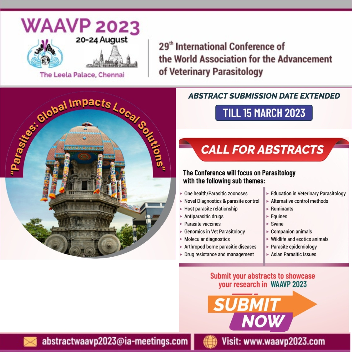 Deadline extension for the abstract submission for WAAVP India 2023, This is your opportunity to showcase your work in Parasites: Global Impacts, Local Solutions. 📝Submit today!📝 waavp2023.com