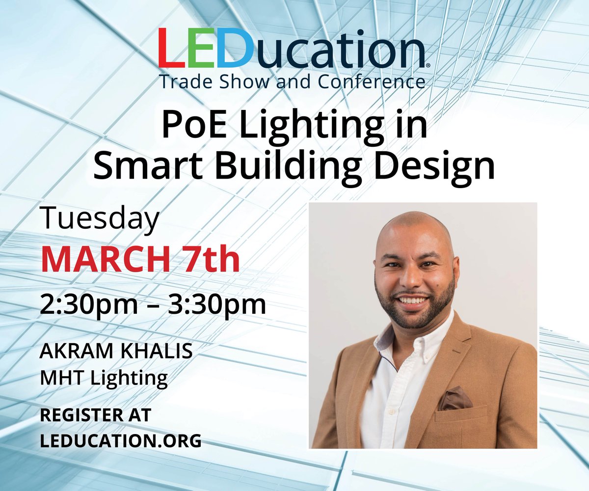 Akram Khalis will cover the framework and implementation of Power-over-Ethernet (PoE) lighting technology. Learn what  it is, how it works, how it integrates with building management systems, and energy efficient benefits. Learn More/Register: lnkd.in/efA4yg59