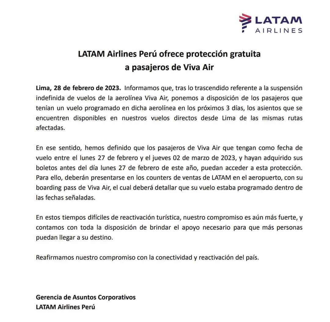 MaricieloCernaU's tweet photo. RT Masivo

LATAM ofrece ayuda a pasajeros que volaban en VIVA AIR https://t.co/wQp7FO6Jdq