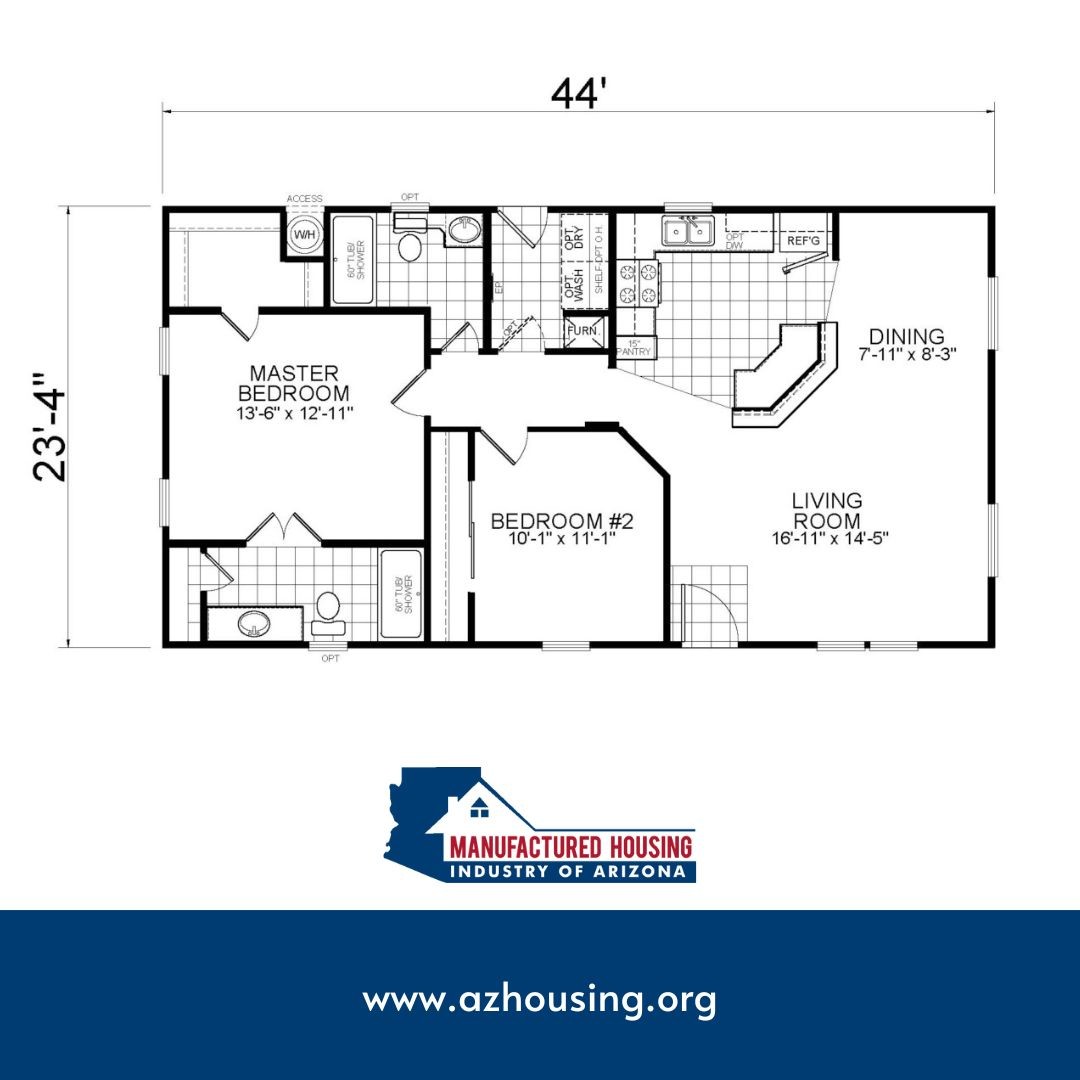MHIArizona's tweet photo. One of our mid-sized floor plans, this 2BR, 2BA factory-built home features an open concept living and dining area and a walk-in closet in the master bedroom. Visit us at https://t.co/LCezdxGT0e to view more customizable floor plans! https://t.co/4d0U6qibUm