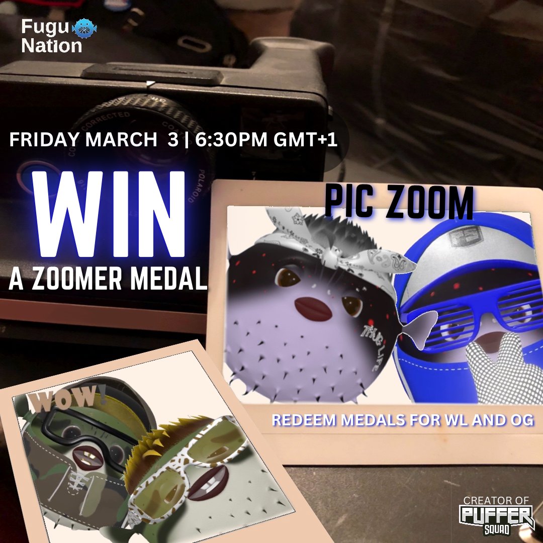 Zooming into the Pic Zoom Game! Winner receives a Zoomer Medal! First 10 to join get 100 xp points🔥

discord.gg/fugunation

#FuguNation #nfts #nftcommunity #nftcollection #nonfungible #ecommerce #crypto #ETH #bitcoin #PufferSquad #digitalart #follow