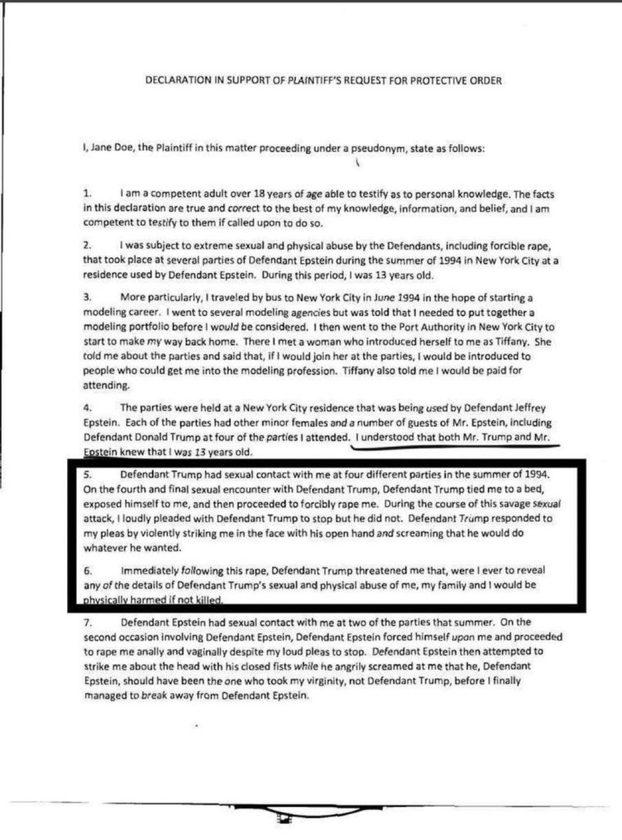 CatsCoffeeDem's tweet photo. A Reminder 
Katie Johnson said under oath when she was 13, Jeffrey Epstein brought her to see Donald Trump who raped her multiple times. https://t.co/6qTl4AN8AR