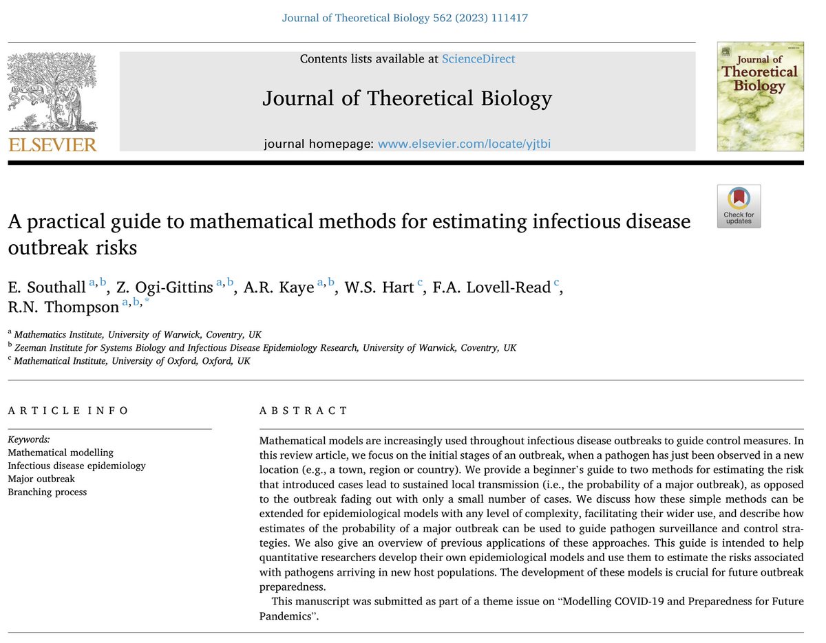 📄 Paper news 📄

How can mathematical models be used to predict whether or not infected individuals arriving into a population will initiate a major outbreak there?

A collaboratively written review paper by <a href="/RobinNThompson/">Robin Thompson</a>’s research group shows how!

🔗 doi.org/10.1016/j.jtbi…