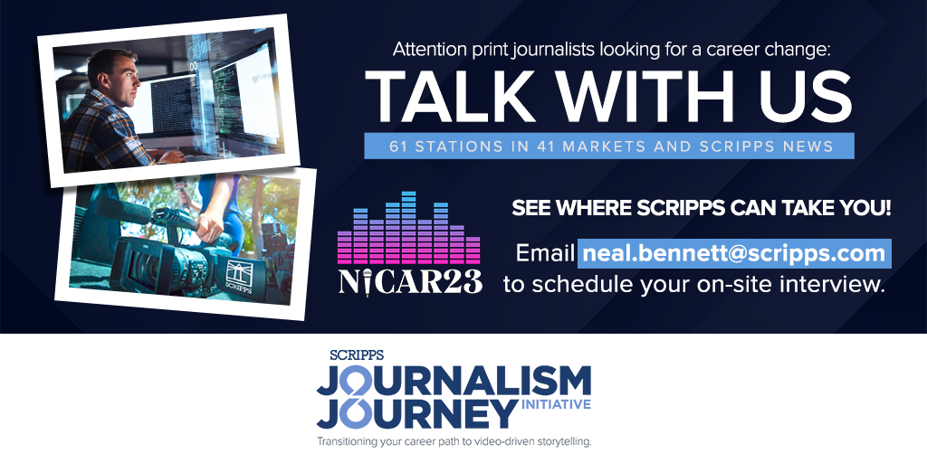 Who's headed to #NICAR23? I'll be there recruiting for the <a href="/EWScrippsCo/">The E.W. Scripps Co.</a> Journalism Journey Initiative.  Great opportunity for print journalists to transition to video-driven storytelling. We also have fantastic investigative opportunities with our local and national newsrooms.
