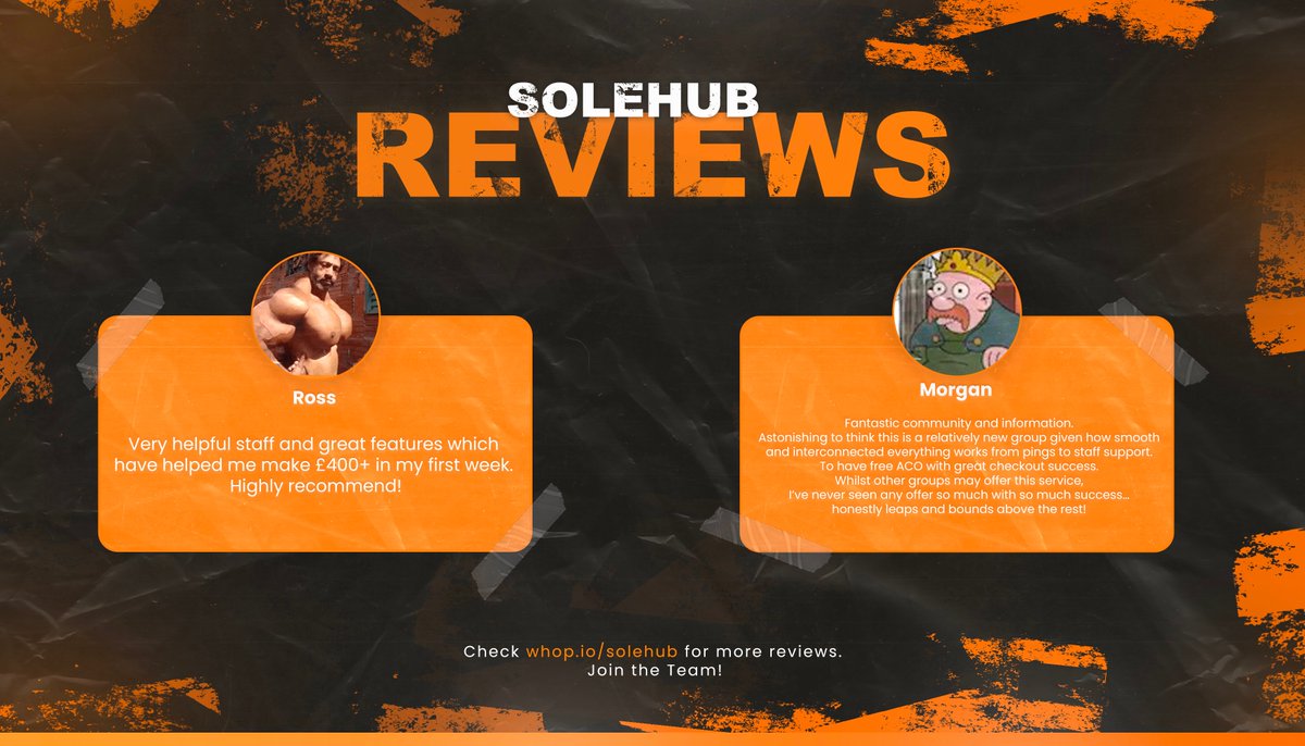 SoleHub (@solehubio) on Twitter photo Solehub is here to provide not only a great community of like minded individuals, but also to provide great info and a vast amount of ACO opportunities to help make copping limited releases easier.
Here are just a couple reviews from members. 
Join us @ whop.io/solehub Solehub is here to provide not only a great community of like minded individuals, but also to provide great info and a vast amount of ACO opportunities to help make copping limited releases easier.
Here are just a couple reviews from members. 
Join us @ whop.io/solehub