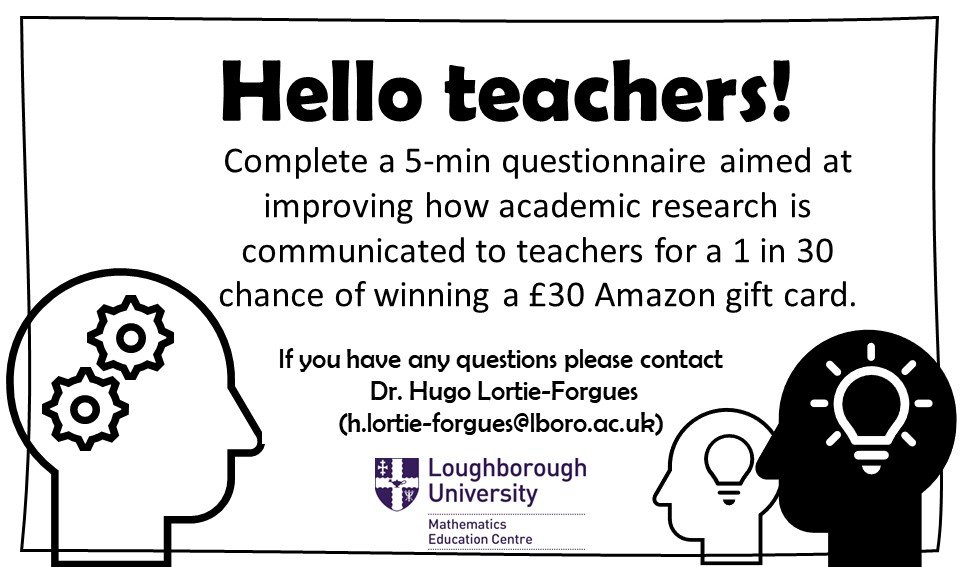Calling all teachers! 📣 
Participate in our short online study to help improve how we communicate research to educators like you. Complete it in just 5 mins and enter for a chance to win a £30 Amazon gift card. 🎁 Click the link to join: 
lborocmc.fra1.qualtrics.com/jfe/form/SV_0o…