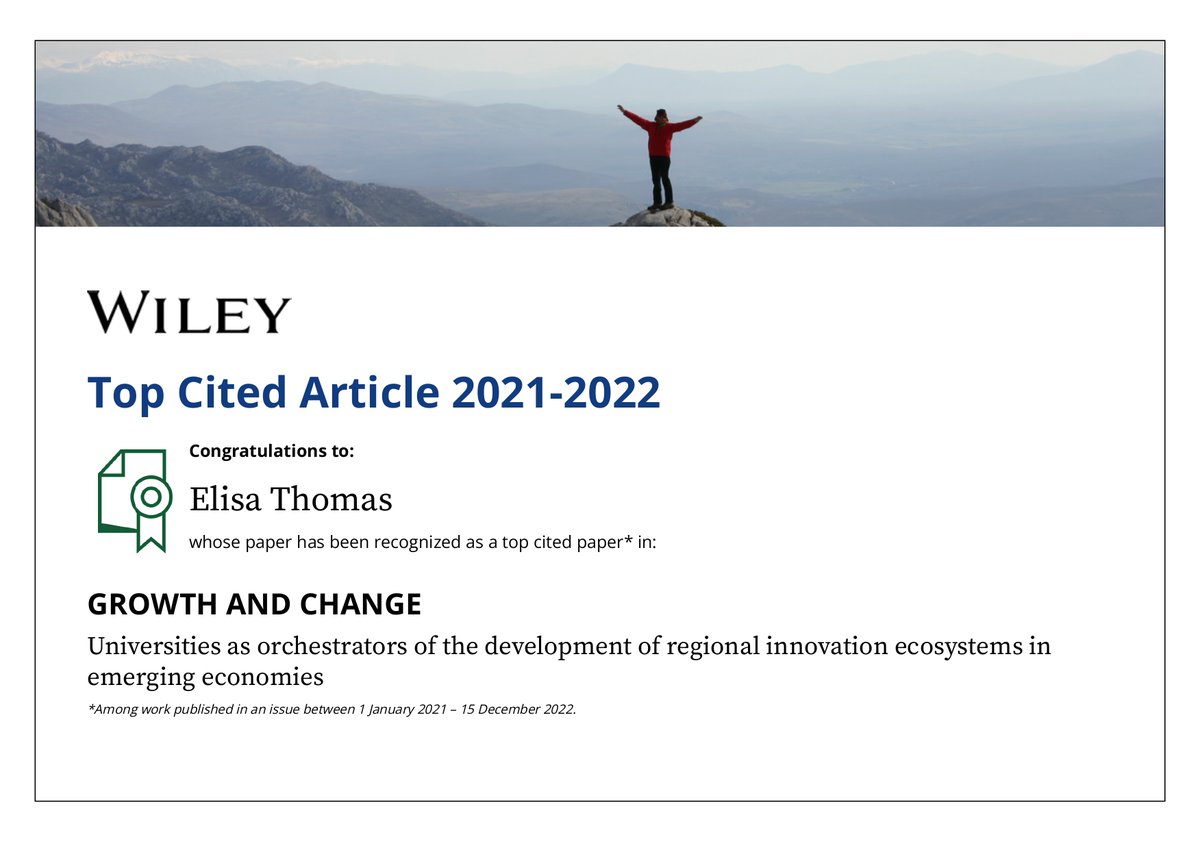 Very happy with the news that our article published in Growth and Change journal is one of the top cited articles published between 2021 and 2022. Free access here onlinelibrary.wiley.com/doi/full/10.11…   #regionalstudies  #topcitedarticle #economicgeography  #innovation