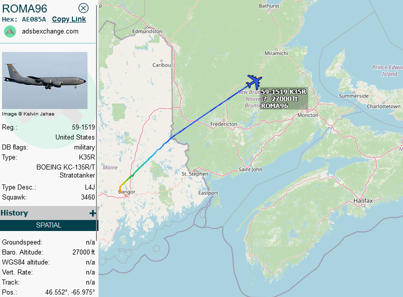 SirListenalot's tweet photo. 1042z #KC10 #ROMA94 from Mildenhall to McGuire and #KC135 #ROMA95 on a round trip out of the Hall dragging six "HL" #F35's as #TREND41-46.
1225z #KC135 #ROMA96 out of Bangor joining the party.
1340z #ROMA95 rtb Mildenhall. https://t.co/Q2deqay21V