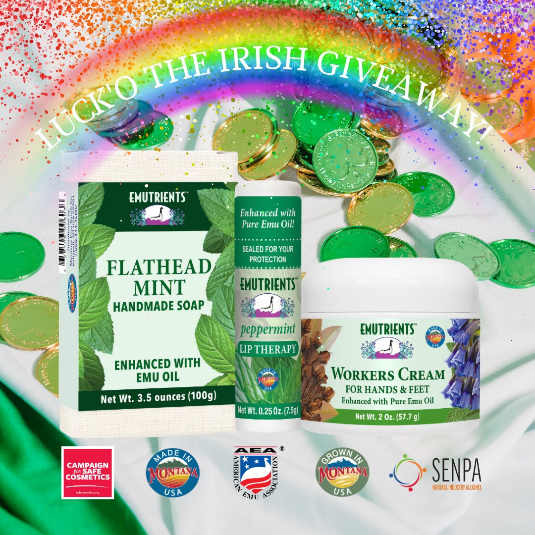 RanchEmu's tweet photo. Who is ready to win this Luck'O the Irish Green Trio?! Drop something below! 
#montanaemuranch #emuranch #emutrients #emuplus #EMUgency #giveaway #soap #handmadesoap #soapmaking #lips #lipbalm #liptherapybalm #liptherapy #worker #footcream #workershands #hands #handcream #feet https://t.co/PpqOoxJnh0