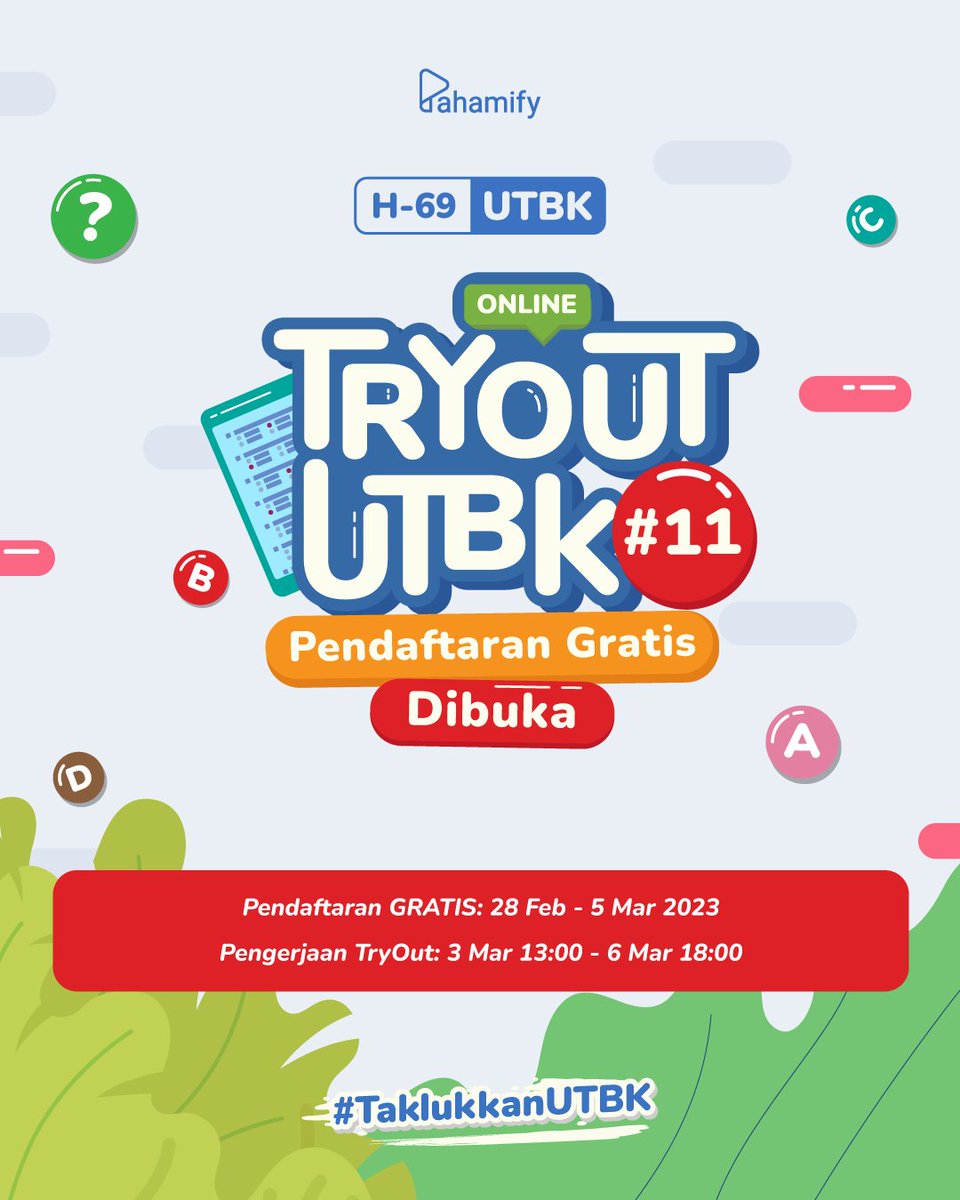 pahamify's tweet image. 🎊Pendaftaran TO UTBK 2023 #11 GRATIS FORMAT TERBARU Dibuka🎊

📆Pendaftaran: 28 Feb-5 Mar 2023
📝Pengerjaan: 3-6 Mar 2023

TO PALING UPDATE mengikuti framework dan kisi-kisi dari Kemdikbud 7 SUBTES🥇
 
H-69 UTBK, mulai ngambis &amp;amp; daftar sekarang, yuk!😆

Cara daftar di sini⬇️