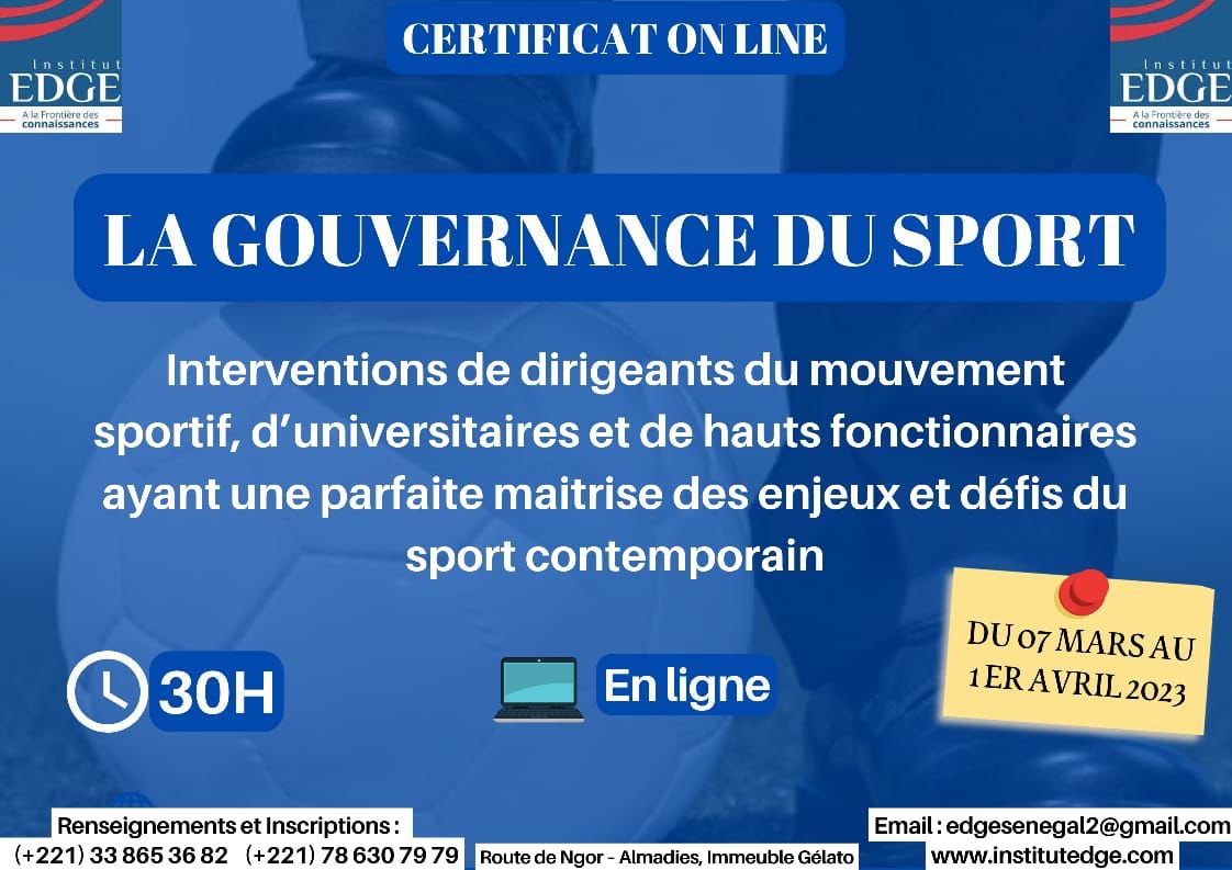 La gouvernance du sport certificat en ligne 30h Du 07 mars au 1er fevrier 2023 #edgeinstitut