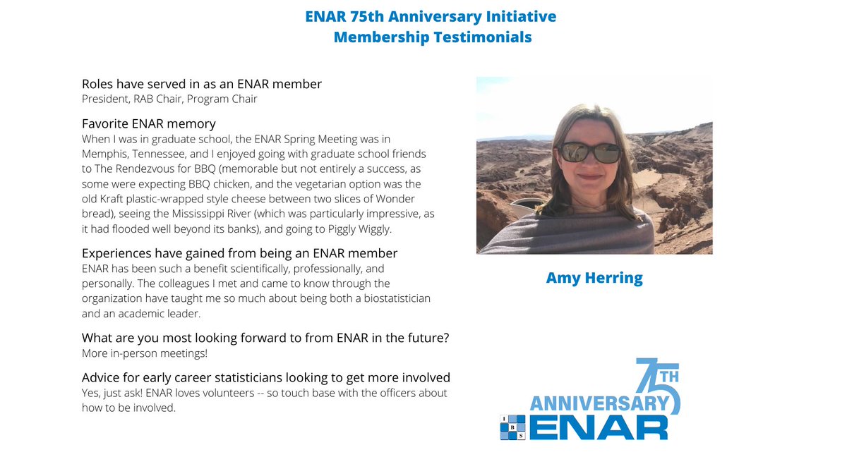 ENAR_ibs's tweet photo. As one of the initiatives to celebrate 75 years of #ENAR_ibs history, check out this weekโs membership testimonials from Dr. Amy Herring. Learn about what roles she has served in as an ENAR member and her favorite ENAR memory! #ENAR75 https://t.co/xadSW371E8