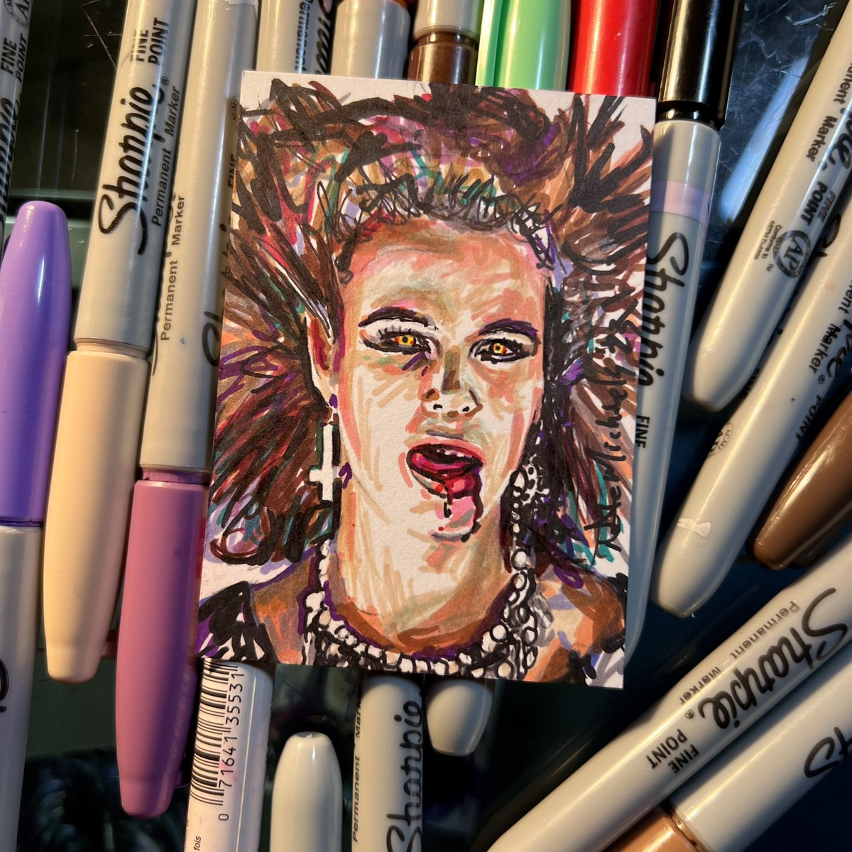 natemichaels's tweet photo. The last seven - Stay tuned for pictures of the whole set and for details on how to get your hands on them. 

#Sharpie Markers on 2.5”x3.5” cards
#natemichaels #markerart #sketchcards #art #artcollection #horrorar #horrormovies #elvira #candyman #carrie #puppetmaster #cryptkeeper https://t.co/yAkCUHPSHf