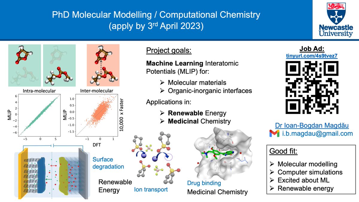 Interested in Machine Learning for Molecular Materials? Here's an exciting PhD studentship opportunity in my group at Newcastle University!