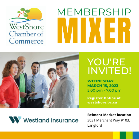 wschamber1's tweet image. Join us for our next Membership Mixer on March 15th to eat, drink, &amp;amp; be merry while getting to know our host, @WestlandIns.

Save your spot today! web.westshore.bc.ca/events/MEMBERS…

#mixer #networking #memberevent #yyjevent #westshorebc #langfordbc #victoriabc #community #westshorechamber