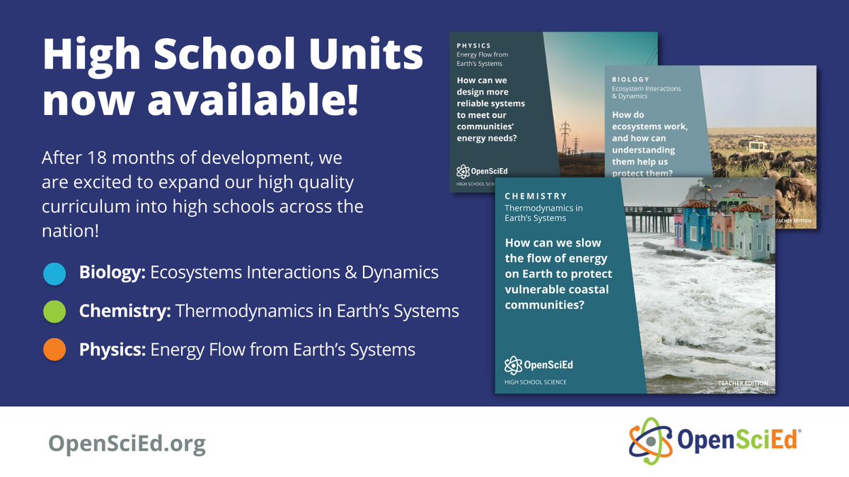 We've got great news! 🤩 #OpenSciEd's first high school units are ready and available for download! We're so excited to expand our high quality #science curriculum into high schools nationwide! 🎉 Click here to explore the units: tinyurl.com/tnkz9w3