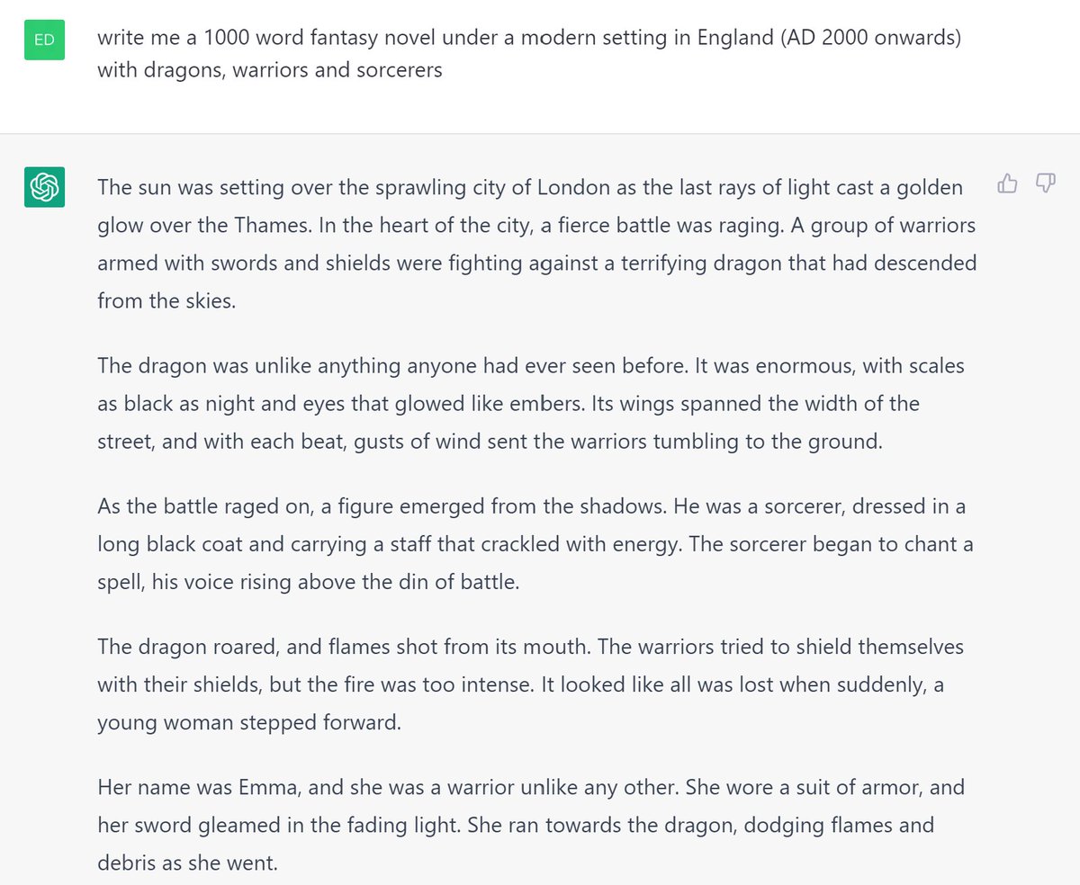 edt_87654's tweet photo. Another attempt of using chatgpt in writing a fantasy novel.

#WritingCommunity #novelwriting #writers #chatgpt #fantasy #novel #urbanfantasy https://t.co/lx7qMHE2C3